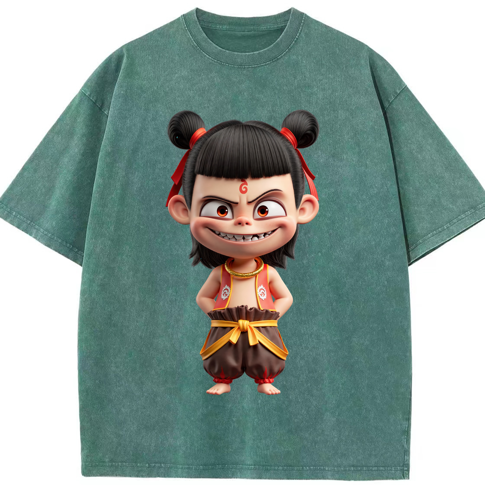 （画像用） Ne Zha 2 ナタ 魔童の大暴れ 綿100% ヴィンテージ風 半袖Tシャツ（フロントプリント）